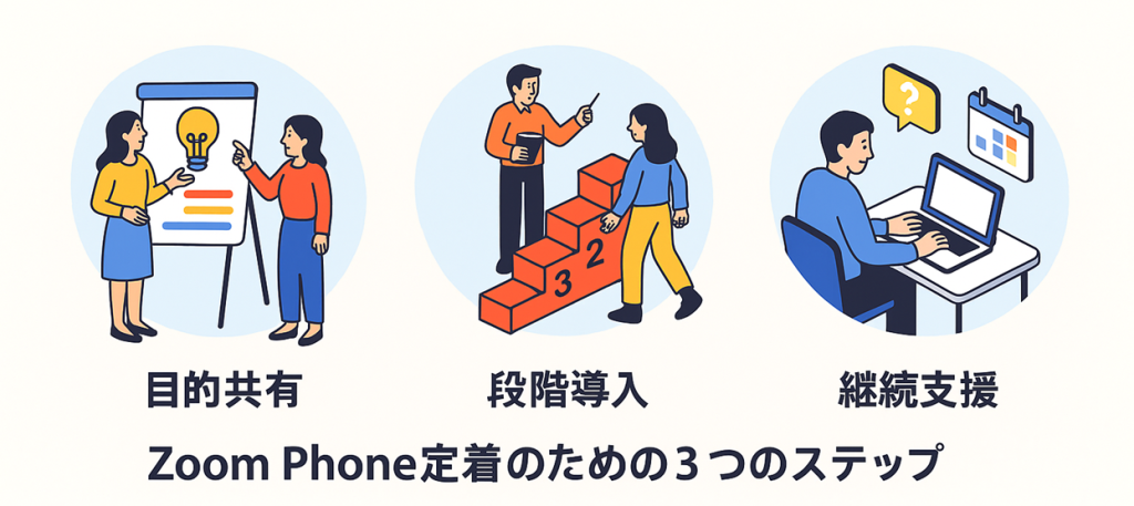 Zoom Phone定着のための3ステップ図:目的共有/段階導入/継続支援